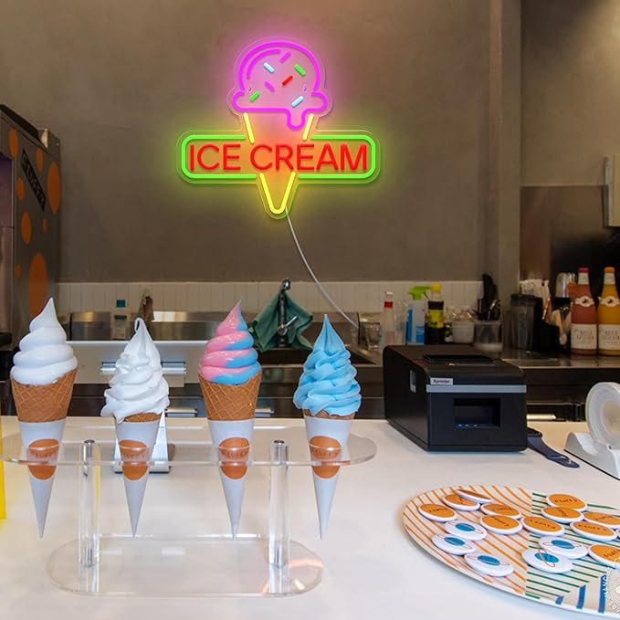 Ice Cream Neon Sign Light up Acrylic LED Lamp with USB Powered Ice Cream Letter Neon Light for Business Store Cafe Drink Shop Office Bedroom Restaurant Decor Adjust Brightness