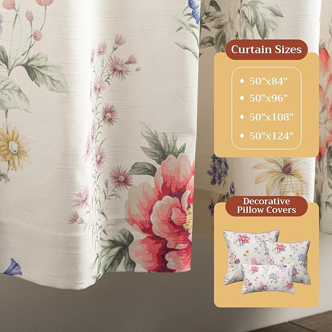 Maison d' Hermine Curtains for Living Room 100% Cotton 124 inch Length One Panel Light Filtering Curtains for Bedroom Windows with Rod and Loop Pockets Drapes (Swyncombe Multicolor, 50" W x 124" L)