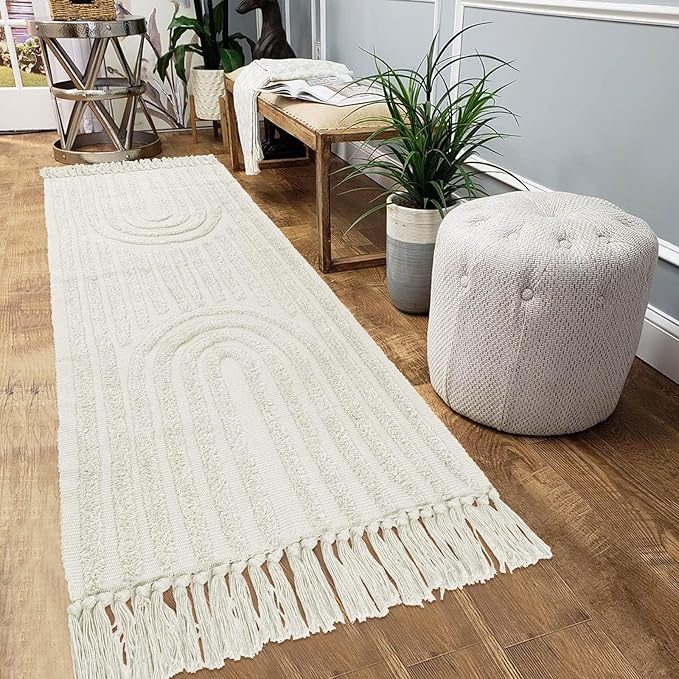 LEEVAN Runner Rug - 2.6x10Ft Hand Woven Living Room & Kitchen Runner Boho Dining Room Mat Rainbow Bedside Mat Cotton Tassel Area Rug - Machine Washable - Perfect for Playroom, Entryway, Hallway