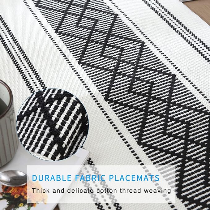 LUFEIJIASHI Elegant Thick placemats for Dining Table Decor Farmhouse Heat Resistant Table Place mats Set of 6 Quality Woven Cloth Placemats Washable Dinner mats (Black, 6)