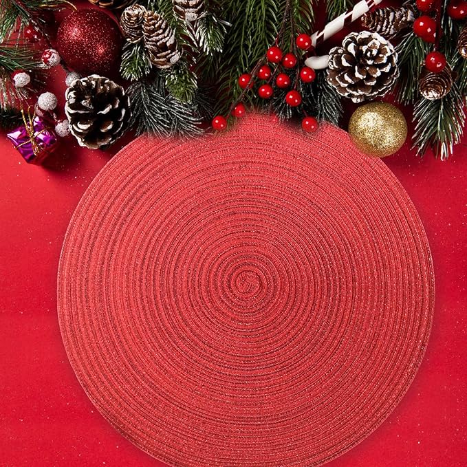 FunWheat Round Placemats Set of 6 Table Mats for Dining Tables Washable Non-Slip Place mats 15 Inch for Christmas(Red Shine)