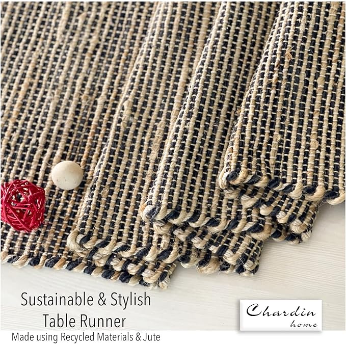 Chardin home Natural Jute Table Runner 13x36 Inch – Vintage Boho Rustic Table Decor – Handwoven Jute Table Runner in Natural and Black Charcoal – Farmhouse Dining or Console Table Accent