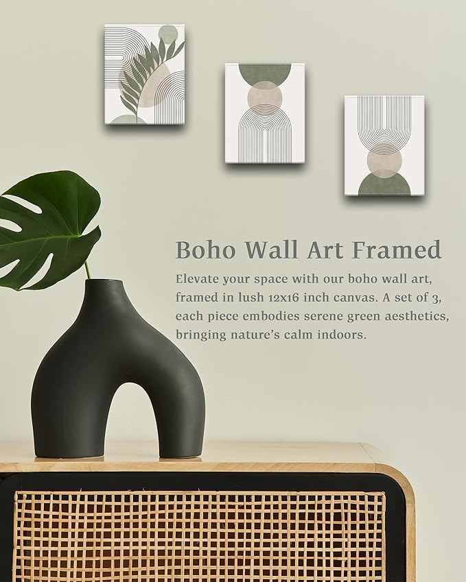Sage Green Boho Wall Art, 12x16in Framed Canvas Bathroom Wall Art Pictures, Mid-Century Modern Wood Framed Abstract Prints for Bedroom,Minimalist Office Wall Decor 3Pack