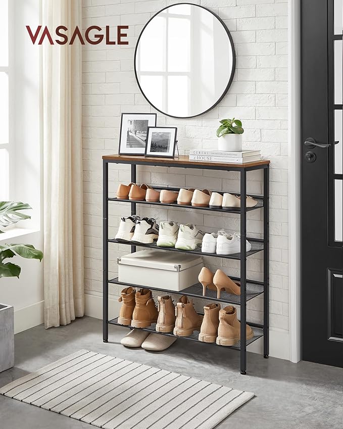 VASAGLE Shoe Rack for Entryway, 5-Tier Shoe Rack Organizer with Storage Shelves and Spacious Top, Freestanding, Adjustable, Industrial, Rustic Brown and Ink Black ULBS038B01