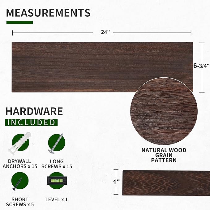 Marsmiles Wood Floating Shelves for Wall Set of 2, 24 Inch Wide Rustic Wooden Floating Shelves, Invisible Wall Mounted Display for Living Room Bedroom Kitchen Bathroom Office, Weathered