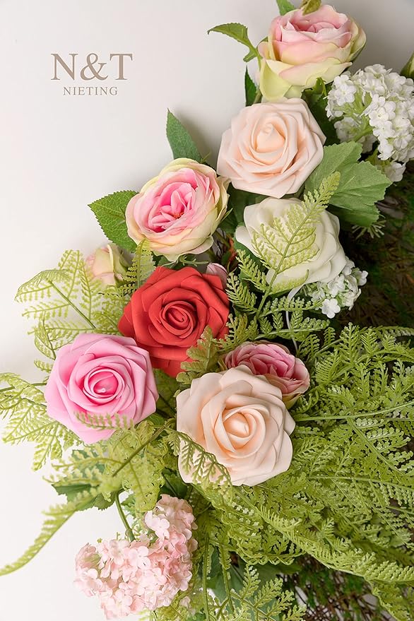 N&T NIETING Artificial Flowers 50pcs Real Touch Faux Flowers Bulk with Stems for DIY Wedding Bouquets Bridal Shower Centerpieces Floral Arrangements Party Valentine's Day Home Decorations(Series Red)