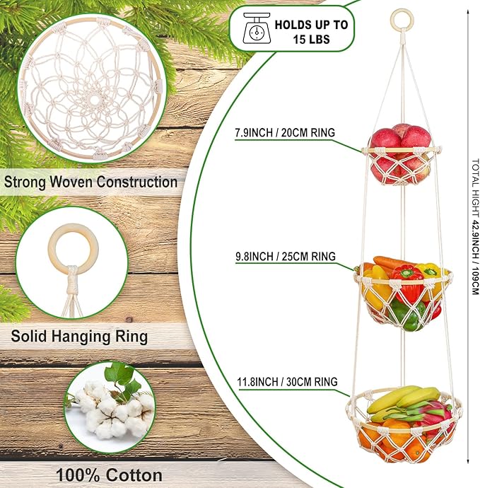 3 Tier Macrame Hanging Fruit Basket, Boho Vegetable Holder for Kitchen Food Storage with Hook, Bohemian Cotton Produce Multi Organizer, Plant Hanger Decor for Home Living Room Women Christmas Gift