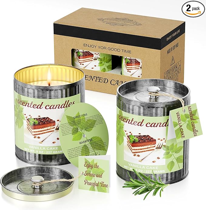 Vintage Scented Candles Gift Set (2 x 8 oz) - Vanilla Cake Aromatherapy Candle, Natural Soy Wax Candle, (2 x40) Hours Burn, 8% Fragrance Oil, Holiday Gifts for Home Decor, Relaxation & Christmas