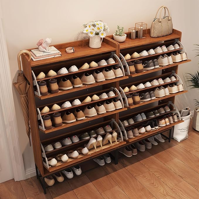 AVZEAR Narrow Shoe Storage Cabinet with 3 Flip Drawers, Freestanding Wooden Closed Shoe Rack, Slim Cabinet Storage for Entryway, Hallway, Living Room (Walnut)