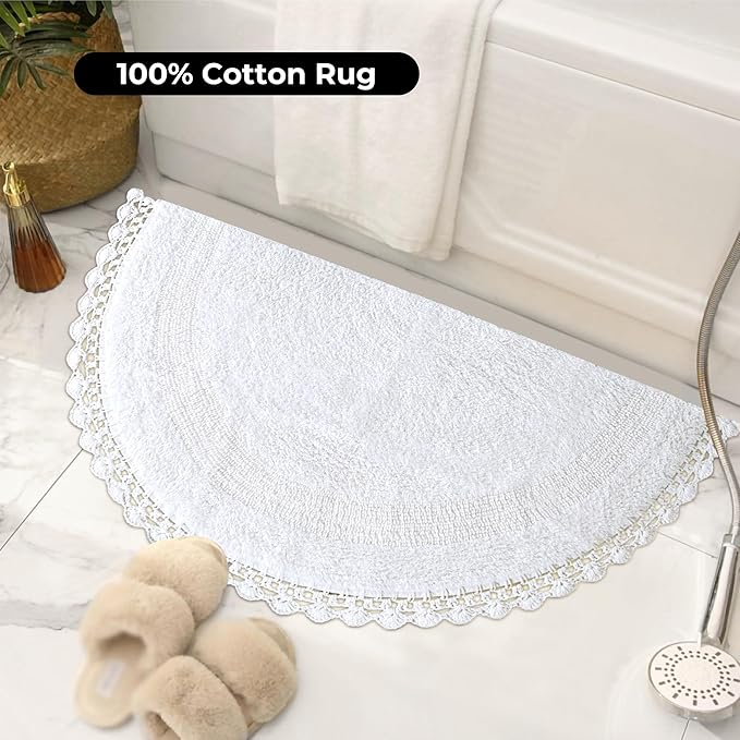 Half Circle Bohemian Bathroom Rug with Handwoven Chrochet Border, Beautifully Handcrafted 100% Cotton Mat - 22x42 inch, Round Boho Bedroom Rug, Boho Bathroom Décor, Machine Washable - White