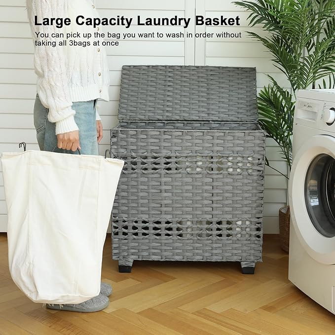 OIAHOMY Laundry Hamper with Lid, 140L Clothes Hamper with 3 Removable Liner Bags, Foldable Basket with Lid, Synthetic Wicker Laundry Basket for Bedroom, 27x 13 x 26 Inches, Grey