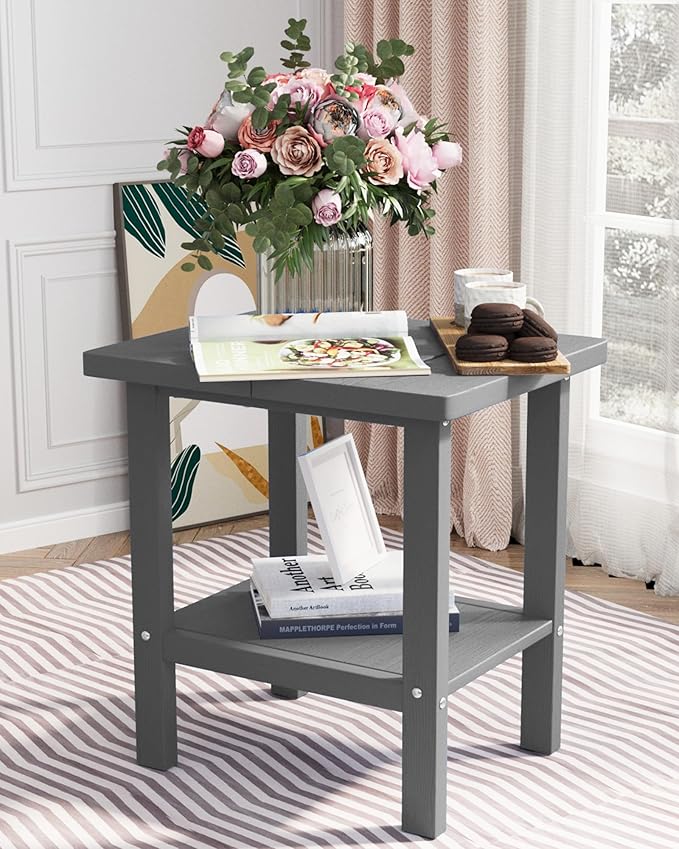 2-Tier Adirondack Square Outdoor Side Table, Pool Composite Patio Table, Weather Resistant End Table for Patio, Backyard, Pool, Easy Maintenance - Gray