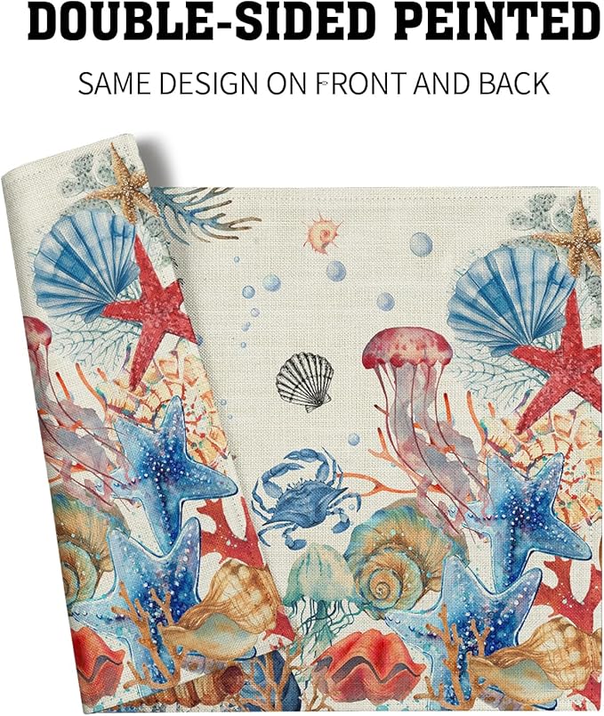 Giwawa 4PCs Summer Beach Placemats 12x18 Inch Ocean Coral Starfish Seashell Decorative Place Mat Vintage Nautical Collection Heat Resistant Table Mats for Kitchen Dining Party Seasonal
