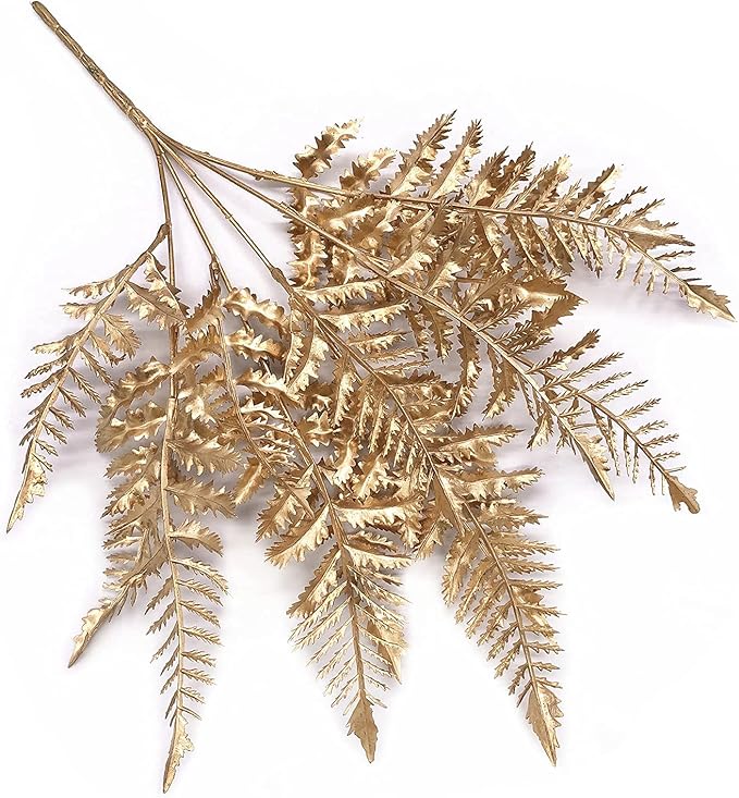 Artificial Plants Golden Boston Grass, For Christmas Decoration Fake Plant Leaf Bush Grass Fern Bushes Faux Shrubs Greenery Indoor Outside Planter Filler Festival Home Garden Decor - Gold 2 Pack