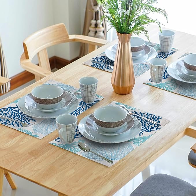 Giwawa Ocean Coral Placemats Set of 4 Summer Blue White Coral Reef Linen Table Place Mat Nautical Sea Marine Seaweed Heat-Resistant Place Mats for Dining Kitchen 12"x18"