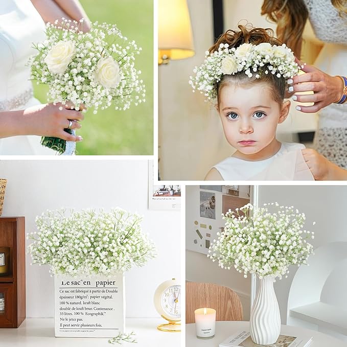 N&T NIETING Babys Breath Artificial Flowers Bulk, 15Pcs Fake Gypsophila Bouquet Flowers Real Touch Faux Babies Breath Arrangement for Wedding Floral Party Home Centerpieces Vase Decoration, White