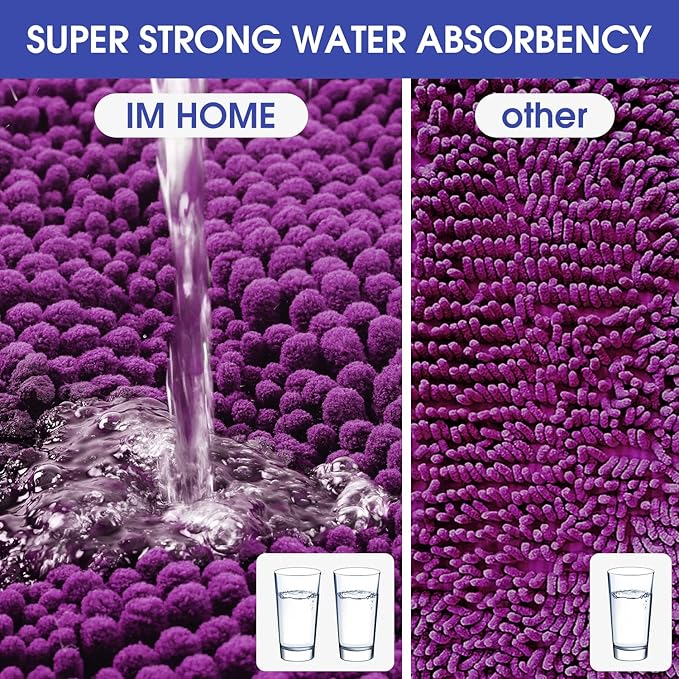 ACCUMTEK Striped Purple Bathroom Rug Set 3 Pieces Ultra Soft, Non Slip Chenille Toilet Mat, Absorbent Plush Shaggy Bath Mats for Bathroom, Bedroom, Kitchen