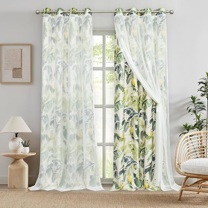 Leeva 96 Inch Curtains with White Sheer Tulle Overlay, Green Bird Printing Light Filtering Curtains 2 Panels Set, Grommet Drapes for Nursery Living Room, 52 x 96 Inches