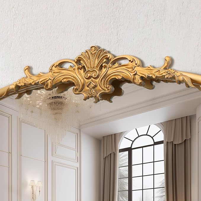 Antique Baroque Arched Mirror: 24"x42" Gold Vintage Wall Mounted Mirror - Traditional Ornate Metal Frame - Ideal for Entryway/Living Room/Hallway/Bathroom