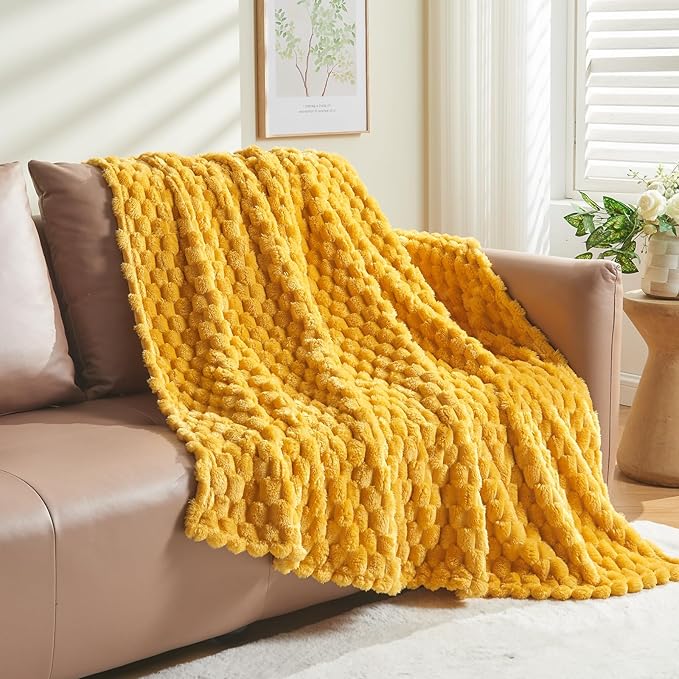 NEWCOSPLAY Super Soft Twin Blanket Mustard Yellow Premium Silky Flannel Fleece 3D Clouds Stylish Jacquard Lightweight Bed Blanket All Season Use 350GSM (Mustard Yellow, Twin(60"x80"))