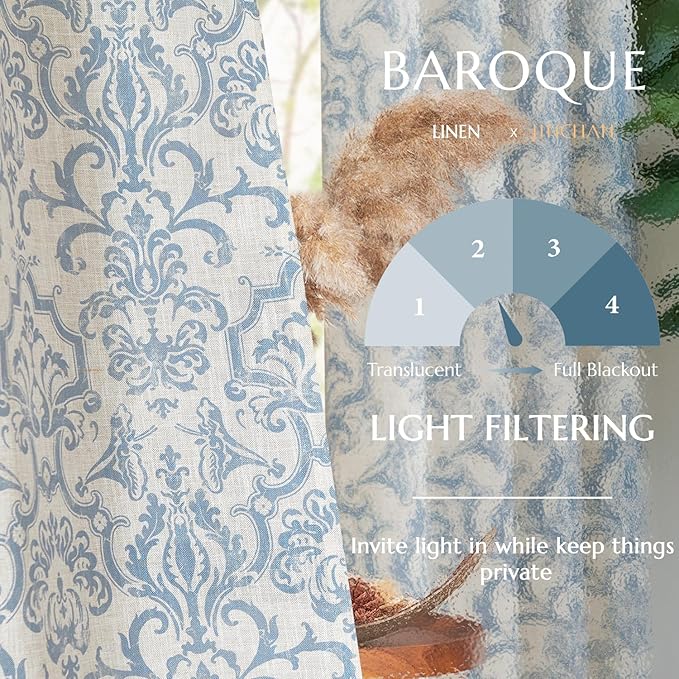 jinchan Linen Curtains for Bedroom Blue Curtains Damask Patterned 84 Inches Long for Living Room Light Filtering Vintage Curtains Baroque Style Drapes Grommet Window Treatments 2 Panels Set