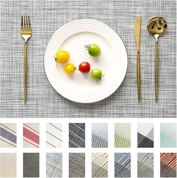 Placemats Set of 12 Vinyl/Plastic Woven Place Mats for Kitchen Table Indoor/Outdoor Washable Placemat Wipeable Dining Table Mats (Grey,12)