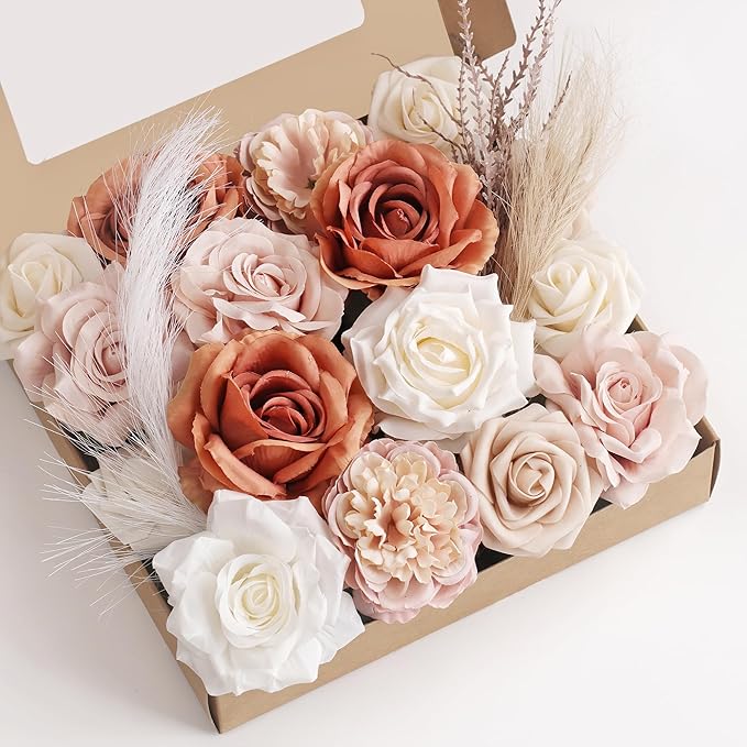 MISSPIN Artificial Flowers DIY Box Set Fake Roses Bouquet Bridal Wedding Flowers Colorful Centerpiece Table Decorations Boho Faux Floral with Stems Arrangements for Cake Home Party Indoor Outdoor