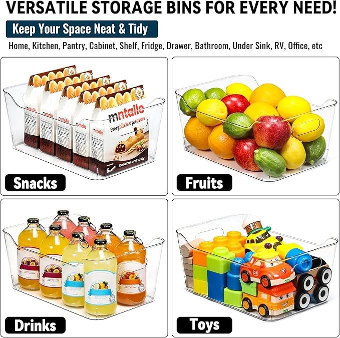 12 PACK Multi-Use Clear Plastic Storage Bins for Organizing w/ Labels - Home, Kitchen, Pantry, Bathroom, Office, Cabinet Shelf Organizer Bins - SOHO Collection, RV, Fridge Organization Containers -XL