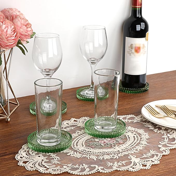 Modern Clear Coaster Set of 5- Glass Coasters for Drinks Crystal Coasters Round Cup Coasters Coffee Table Decor for Office, Kitchen, Bar, Dining Room, Living Room, Patio(Clear Green)