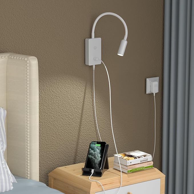 LED Wall Mounted Bedside Reading Light, Touch Dimmable Spot Lamp for Bedroom Headboard Light with 5V2A USB Port, Flexible Gooseneck, 4 Brightness Levels, Neutral White 4000K Lighting