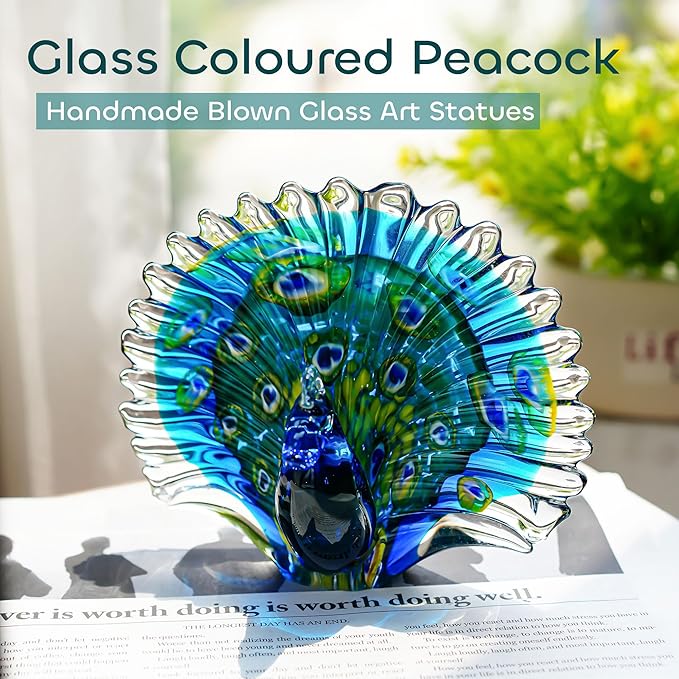 Crystalsuncatcher Hand Blown Colorful Peacock Art Glass Table Top Sculpture Room Decor (Peacock)