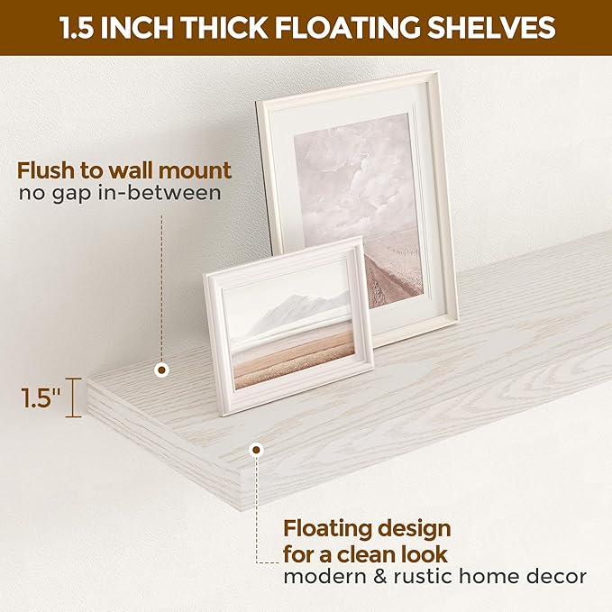 Fun Memories 24W x 9.3D Floating Shelves, 9.3" Deep Wall Shelves Set of 2, Farmhouse Rustic Wood Shelf 24 Inch Long, Large Display & Storage Shelves for Book, Living Room, Bathroom, Kitchen - Brich