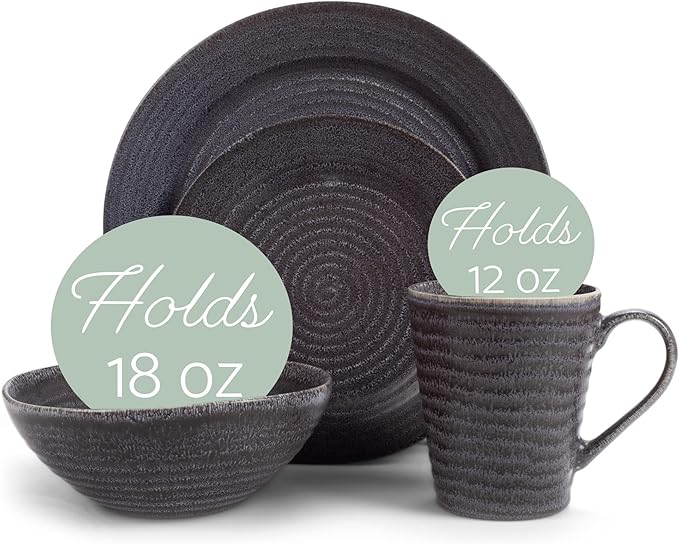 Elanze Designs Charming Chic Ribbed Modern Thrown Pottery Look Ceramic Stoneware Plate Platter Mug & Bowl Kitchen Dish Dinnerware 16 Piece Set - Service for 4, Charcoal Grey
