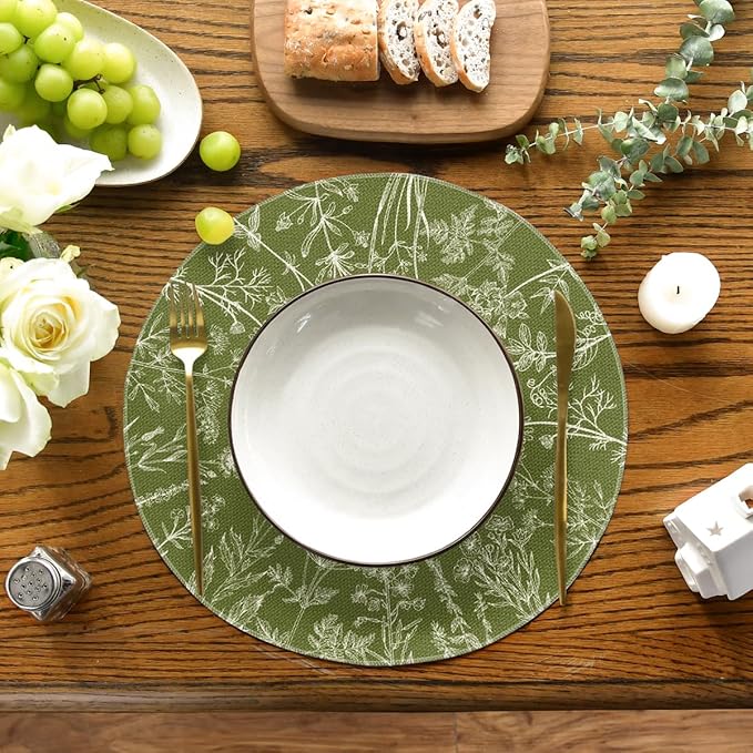 Artoid Mode Antique Herbs and Wild Flowers Spring Round Placemats Set of 4, 14 Inch Summer Round Table Mats for Dining Decoration