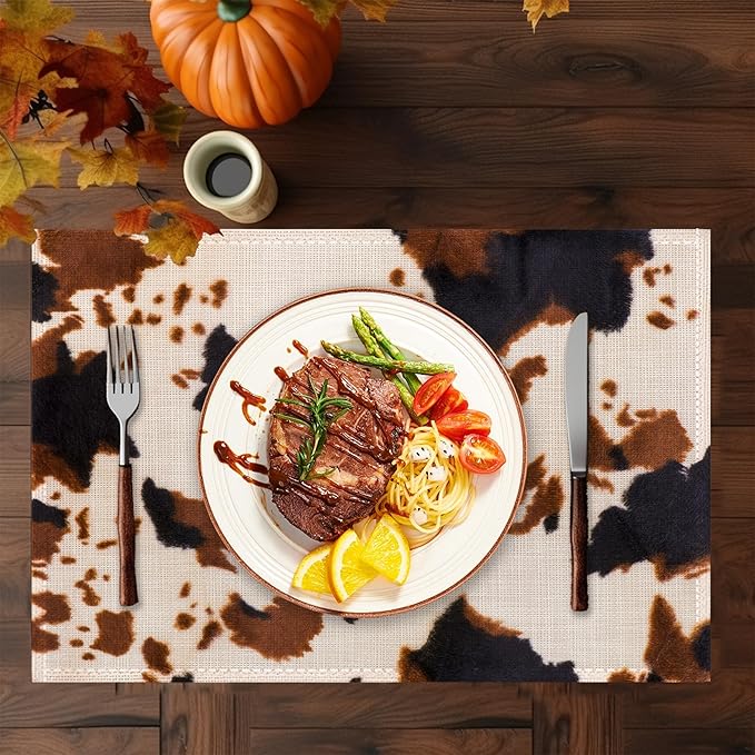 Cow Print Placemats Set of 6,Washable Heat Resistant 12×18 Inch Linen Table Mats Farmhouse Place Mats for Party Outdoor Dining Décor