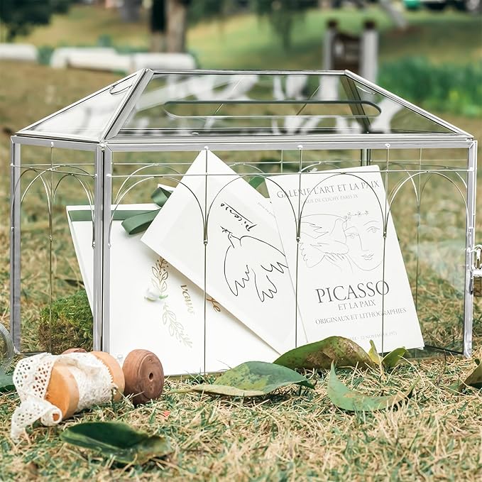 NCYP Glass Cards Box with Slot & Lock for Wedding - 12.6" x 5.9" x 9" Vintage Geometric Terrarium, Wishwell, Party, Home Reception, Tabletop Decor, Silver (Glass Box Only)