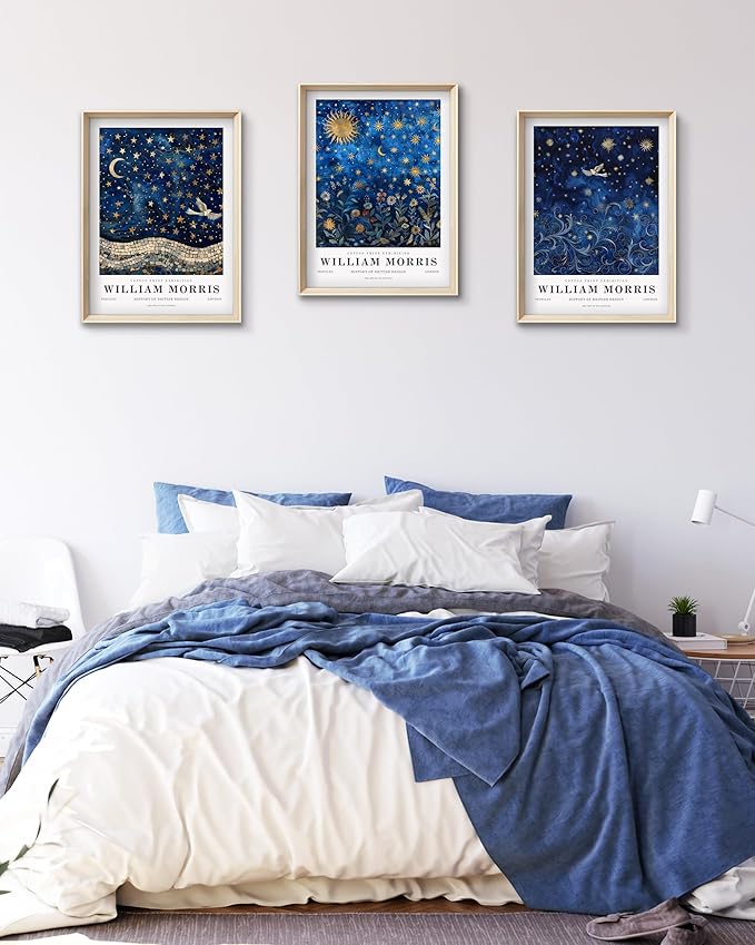HesenDot Framed William Morris Moon and Stars Canvas Wall Art,Vintage Wall Art Prints Painting,16x12IN High Framed Design Prints,Textile Art Decor for Living Room,Bedroom,Gallery,Office Set of 3