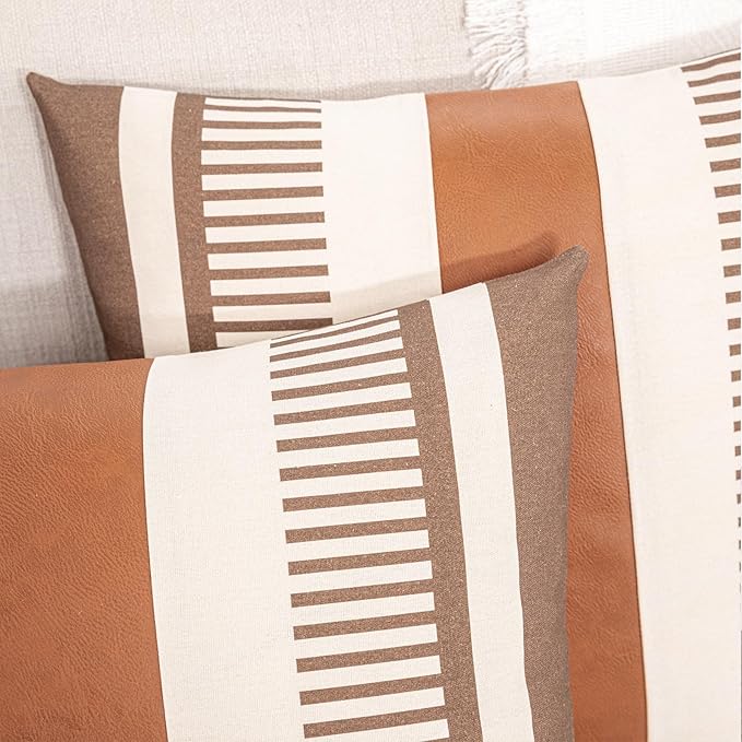 Farmhouse Stripe Pillow Cover 18x18 Boho Accent Cushion Case Faux Leather Decorative Pillowcase,Cocoa Brown and Beige (Cover ONLY, Pack of 2)