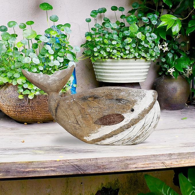 K KILIPES Wood Whale Statue Beach Table Decor for Home, Rustic Hand Carved Wood Sculpture Whale Figurine Coastal Centerpiece Nautical Ocean Decorations (Brown, M L)