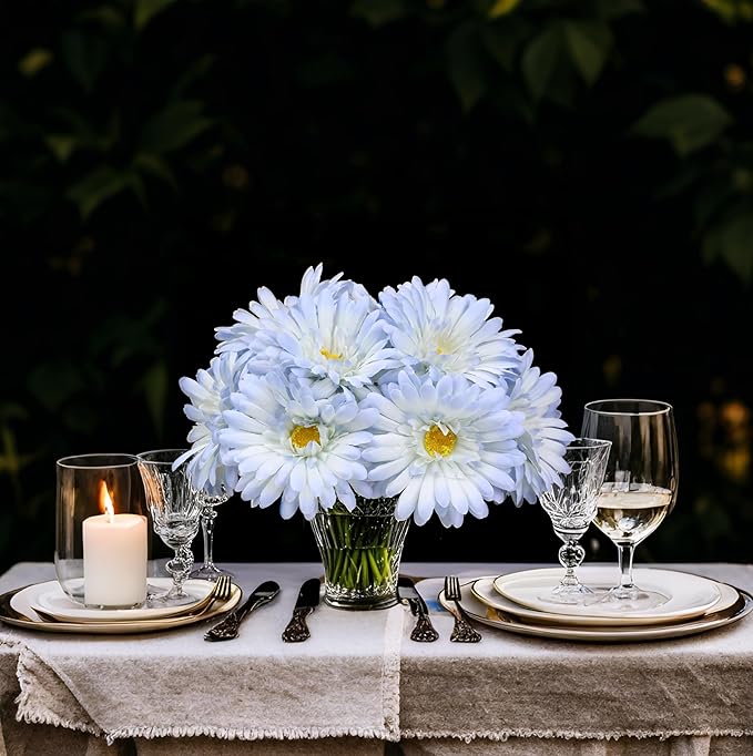 TOPIA Artificial African Daisies Flowers African Daisy Silk Flowers Artificial Gerbera Daisies Pack of 10 (Light Blue)
