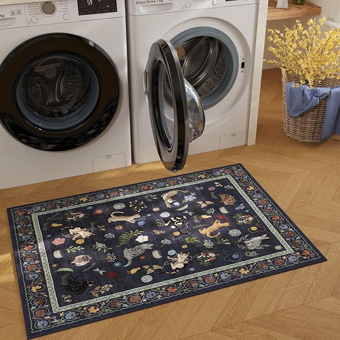 Door Mat Indoor Entrance 2x3 Rug Machine Washable Boho Floral Animal Cat Small Area Rug Non-Slip Low Pile Throw Rugs for Entryway Kitchen Front Door Entry Kids Room, Cobalt Blue