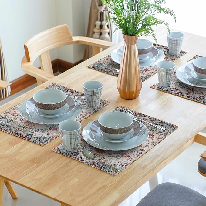 Boho Carpet Placemats Set of 4 Vintage Orange Blue Ethnic Bohemian Floral Carpet Linen Washable Kitchen Dining Table Mats Stain Heat-Resistant Desktop Decor Place Mats for Home Party Indoor 12x18 in
