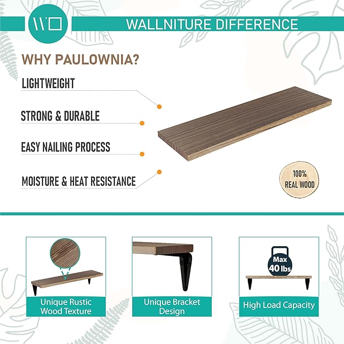 Wallniture Arras Wood Floating Shelves for Wall Storage, Small Bookshelf Set of 10, Hanging Book Shelves for Living Room, Bedroom, Office, Burned Finish