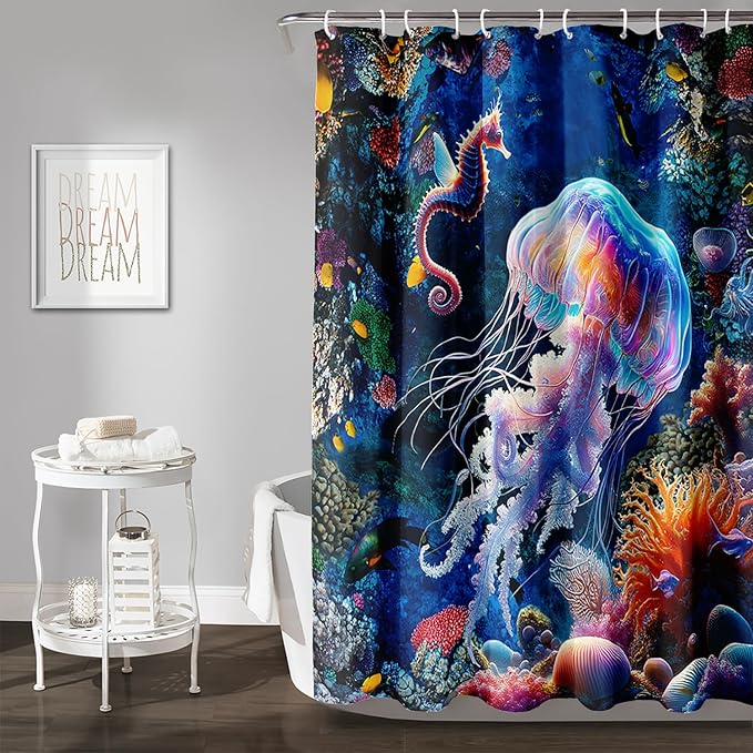 AILONEN Cartoon Jellyfish Shower Curtain,Underwater Animal Seahorses Style Bathroom Curtains Set for Kids,Girls,Ocean Theme Shower Curtains Set with Hooks for Bathroom,72" W*84" H