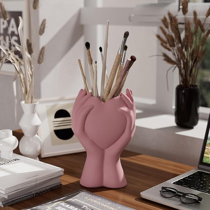 8 Inch Heart Hand White Ceramic Vase - Unique Modern Aesthetic Flowers Vase for Living Room Bedroom Office Kitchen Table Centerpiece or Shelf Decor - Gifts for Wedding Bridal Shower Women Mom (Pink)