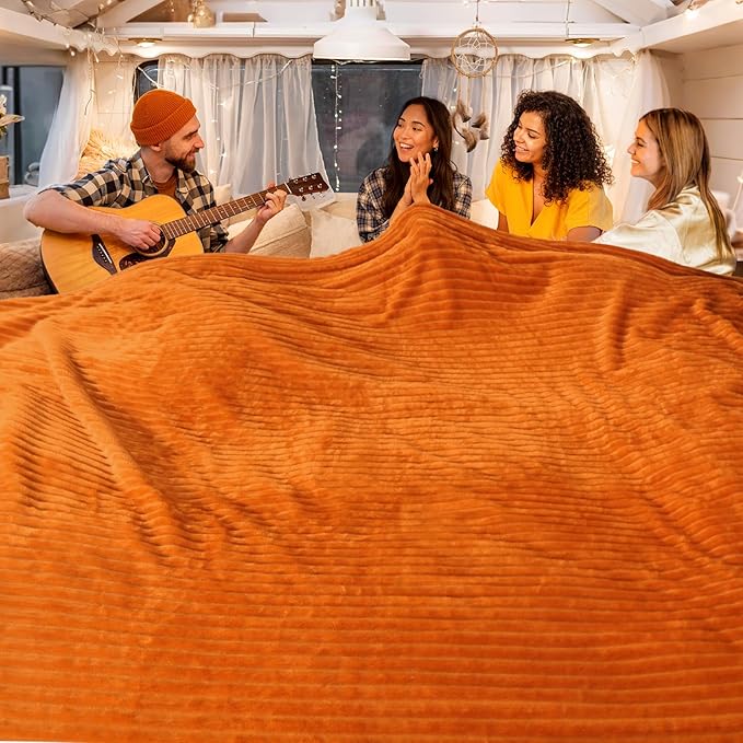 Vessia Flannel Fleece Queen Size Blanket for Bed,Couch,Sofa(90x90 inch), 300GSM Microfiber Burnt Orange Striped Bed Blanket for Adults, Super Soft Warm Cozy Lightweight Ribbed Decor for All-Season