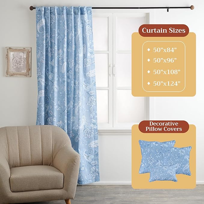 Maison d' Hermine Curtains for Living Room 100% Cotton 108 inch Length One Panel Light Filtering Curtains for Bedroom Windows with Rod and Loop Pockets Drapes (Ramage Steel Blue, 50" W x 108" L)