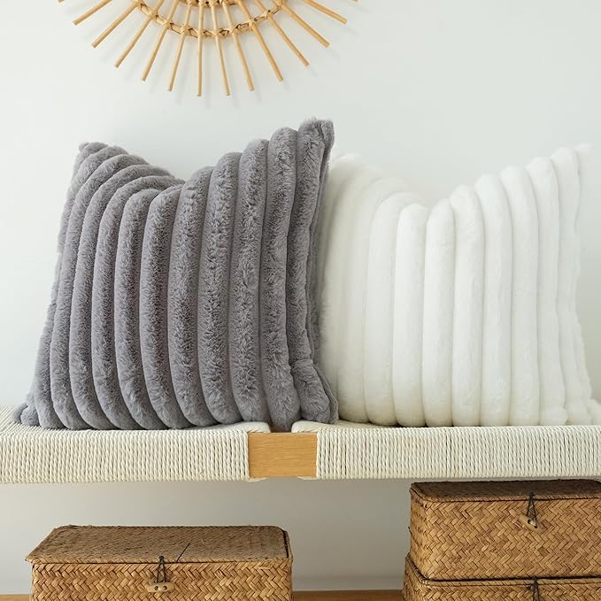 JOJUSIS Pack of 2 Faux Fur Plush Decorative Throw Pillow Covers Couch Cushion Case Soft Pillowcases (Grey, 20 x 20-Inch)