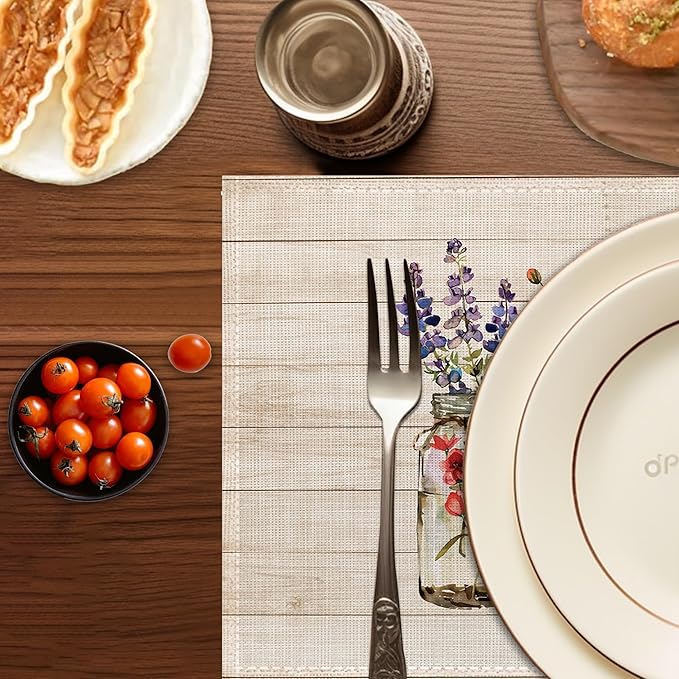 Summer Flowers Placemats Set of 6,Washable Heat Resistant 12×18 Inch Linen Table Mats Fall Floral Place Mats for Party Outdoor Dining Décor