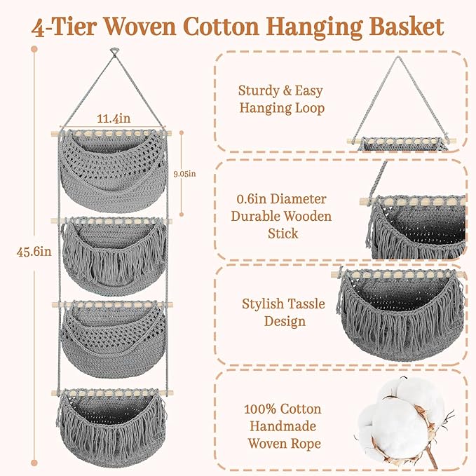 4 Tier Hanging Fruit Basket for Kitchen, 4 Pack Detachable Cotton Crocheted Wall Hanging Baskets Shelf Over Door Organizer for Fruit Veggie Plant, Hanging Storage Basket for Bathroom Bedroom(Gray)